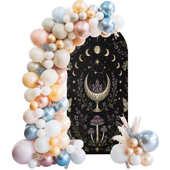Mystic Wedding Arch Backdrop Cover 4FT ,Spandex Fitted Abstract Solar System Moon Butterfly Flowers Wedding Arch Covers Round Top Chiara Arches Backdrop Stand Cover for Birthday Party Ceremony