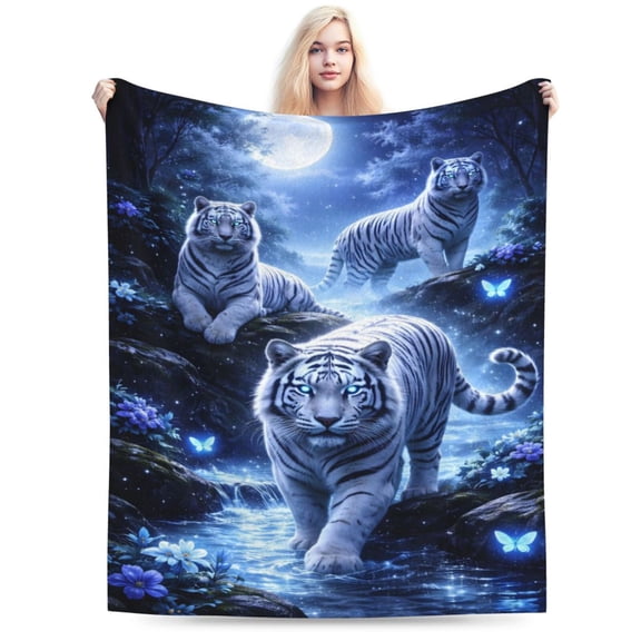 Mystic White Tiger Blanket Moonlit Forest Decor Christmas Winter Holiday Gift Soft Cozy Fleece Blanket 50x40