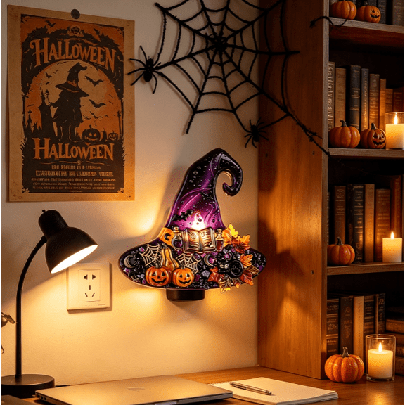 Mystic Witch Hat Stained-Glass LED Plug-In Night Light, Handcrafted Stained Glass Halloween Wall Accent Light, Pumpkin Spell Book Decor Lamp for Indoor Fall Themed Ornament