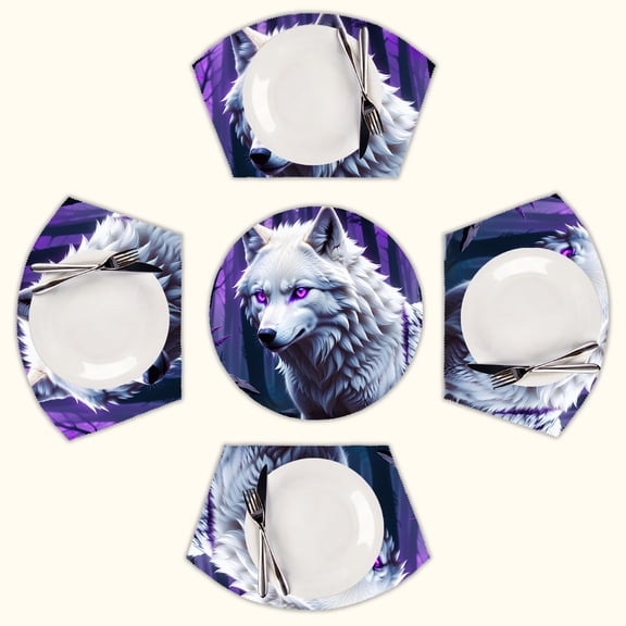 Mystic Wolf in Enchanted Forest Round Table Placemats Set Of 5 Wedge Table Mats Washable Heat Resistant Place Mat For Dining Table Kitchen Farmhouse Restaurant