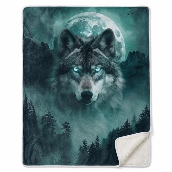 Mystic Wolf Moon Sherpa Blanket, Teal Forest Fleece Throw, Multicolor