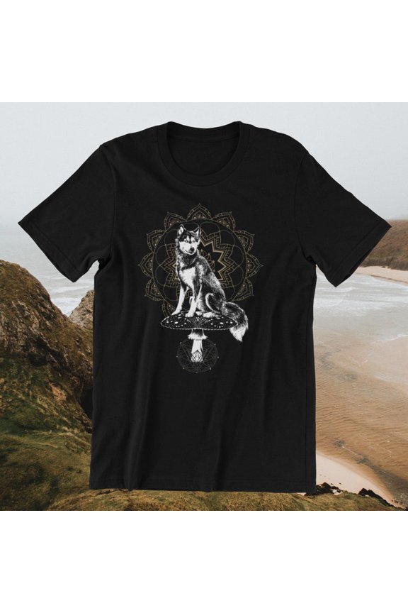 Mystic Wolf T-Shirt | Sacred Geometry Mandala Mushroom Art | Spiritual Animal Guide | Esoteric Forest Tee | Pagan Gift | Shamanic Wear