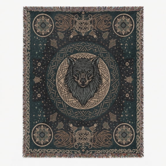 Mystic Wolf and Celtic Knot Black Teal Woven Blanket, 100% Cotton, Nordic Celestial Style for Living Room Decor