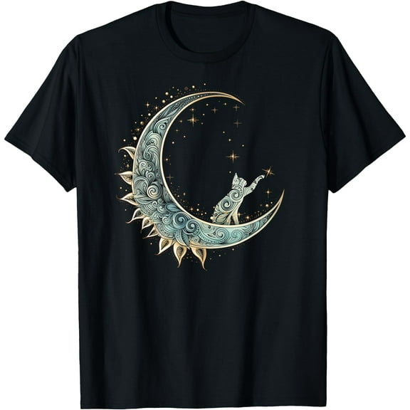 Mystical Aesthetic Cat Sitting on Crescent Moon Lunar Cat Unisex T-Shirt for Men Women Kids Toddler,Black Color,Size L