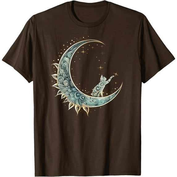 Mystical Aesthetic Cat Sitting on Crescent Moon Lunar Cat Unisex T-Shirt for Men Women Kids Toddler,Dark Chocolate Color,Size YXL