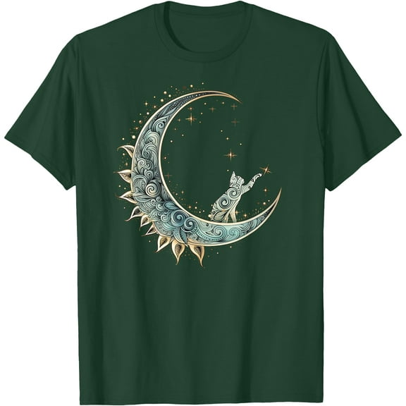 Mystical Aesthetic Cat Sitting on Crescent Moon Lunar Cat Unisex T-Shirt for Men Women Kids Toddler,Forest Green Color,Size M