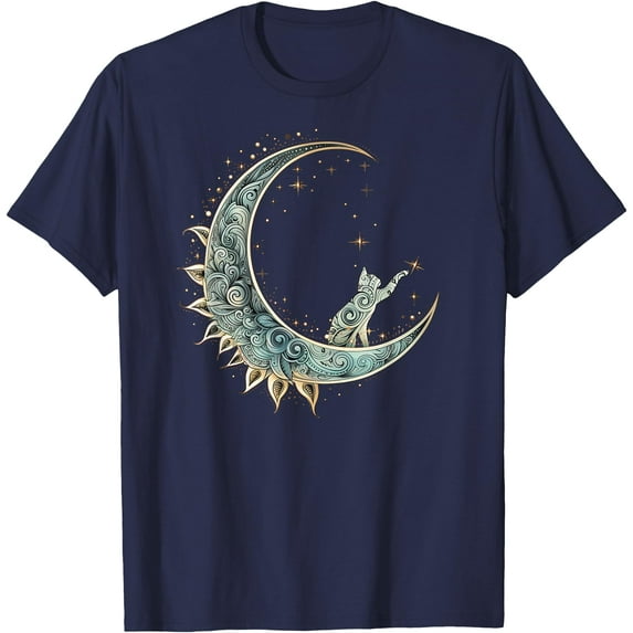 Mystical Aesthetic Cat Sitting on Crescent Moon Lunar Cat Unisex T-Shirt for Men Women Kids Toddler,Navy Color,Size L