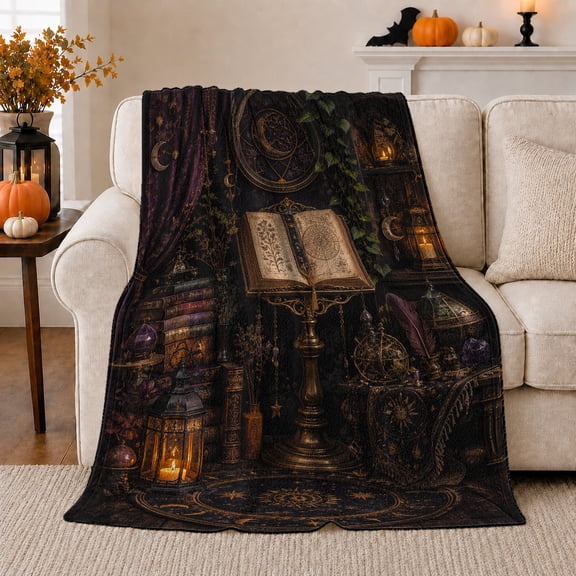 Mystical Alchemist Study Grimoire Candlelit Scene, Festive Holiday Scene, Warm Flannel Blanket for Living Room and Reading Nook, Art Lovers Christmas Gift, Festive Home Decor