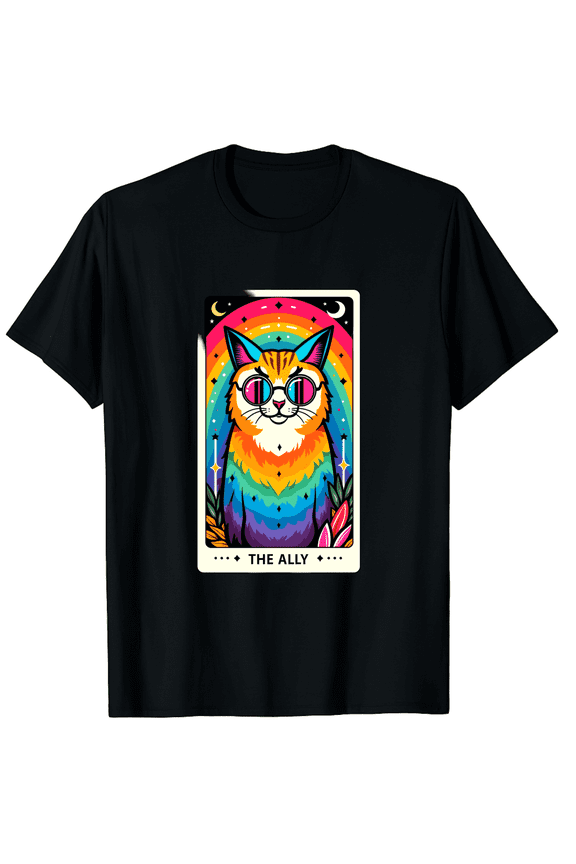Mystical Ally Tarot Cat LGBTQ Pride Unisex Adult Black Cotton Tee
