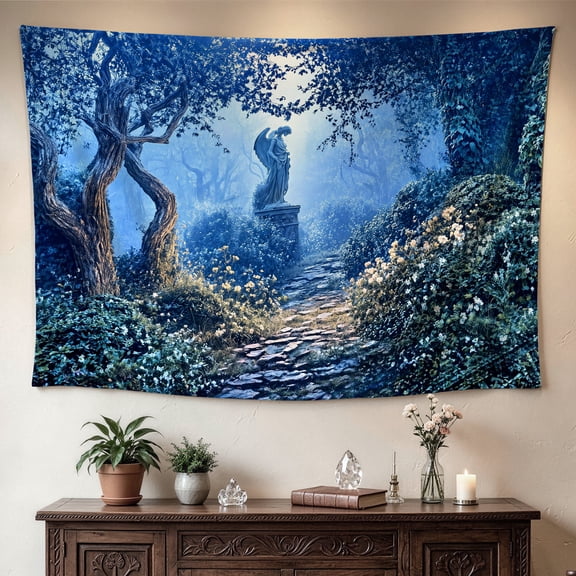 Mystical Angel Statue Forest Blue Landscape Wall tapestry,Large size Printed Horizontal Tapestry blanket,Polyester Fabric Wall Hanging for living room,bedroom,No Installation Required,Indoor,Outdoor,