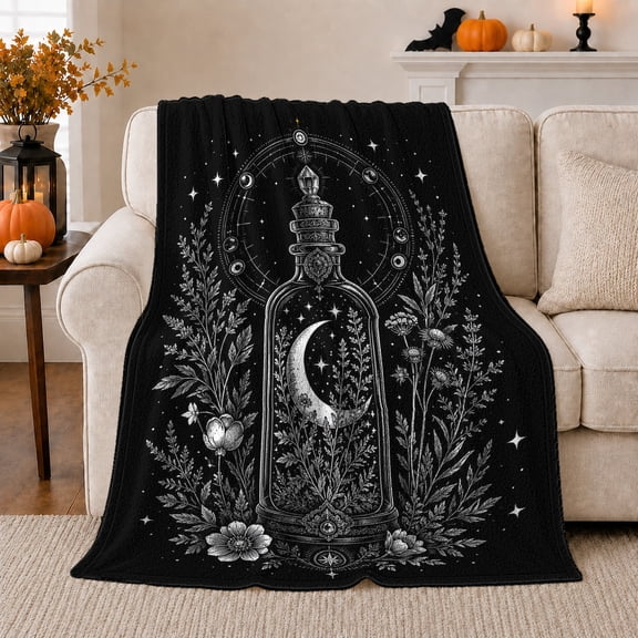 Mystical Apothecary Bottle Crescent Moon, Cozy Friendship Quote Scene, Warm Flannel Blanket for Living Room and Reading Nook, Art Lovers Friendship Gift, Fantasy Home Decor