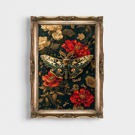 Mystical Atlas Moth Poster, Floral Gothic Cottagecore Art, Dark Academia, Goth Witchy Room Decor, Botanical Vintage, 24x36 UNFRAMED
