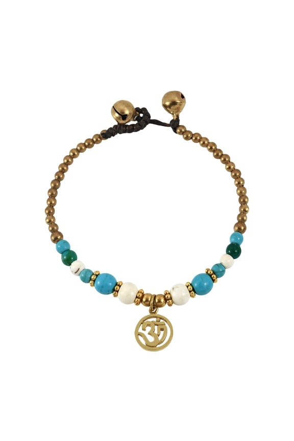 Mystical Aum or Om Blue Turquoise and Brass Beads Jingle Bell Bracelet