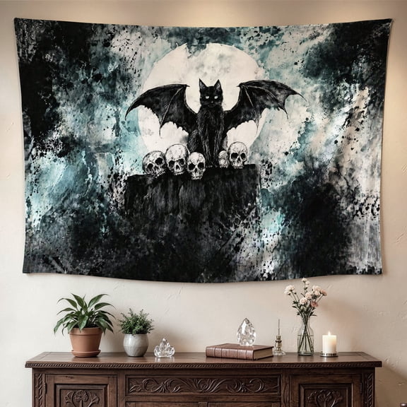 Mystical Bat Cat Full Moon Wall tapestry,Large size Printed Horizontal Tapestry blanket,Polyester Fabric Wall Hanging for living room,bedroom,Gift for Family and Friends