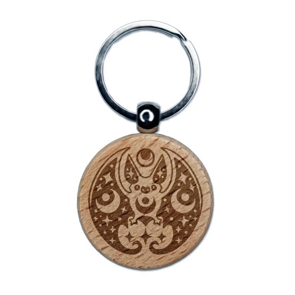 Mystical Bat Crescent Moon and Stars Round Keychain Charm Tag - Engraved Wood