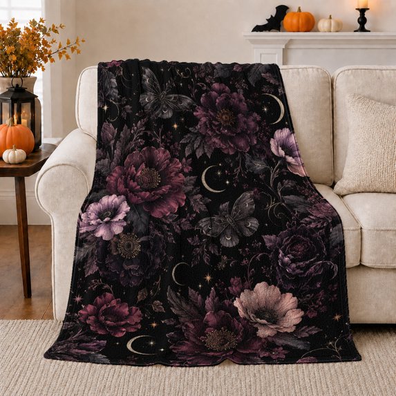 Mystical Bat Floral Art with Friendship Quote, Warm Flannel Blanket for Living Room and Reading Nook, Art Lovers Thanksgiving Gift, Artistic Home Decor