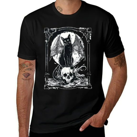Mystical Bat & Skull Gothic Graphic Mens T Shirts Cotton Short Sleeve T-Shirt Crew Neck Tees Casual Shirt