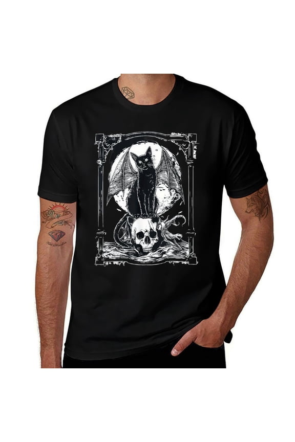Mystical Bat & Skull Gothic Graphic Mens T Shirts Cotton Short Sleeve T-Shirt Crew Neck Tees Casual Shirt