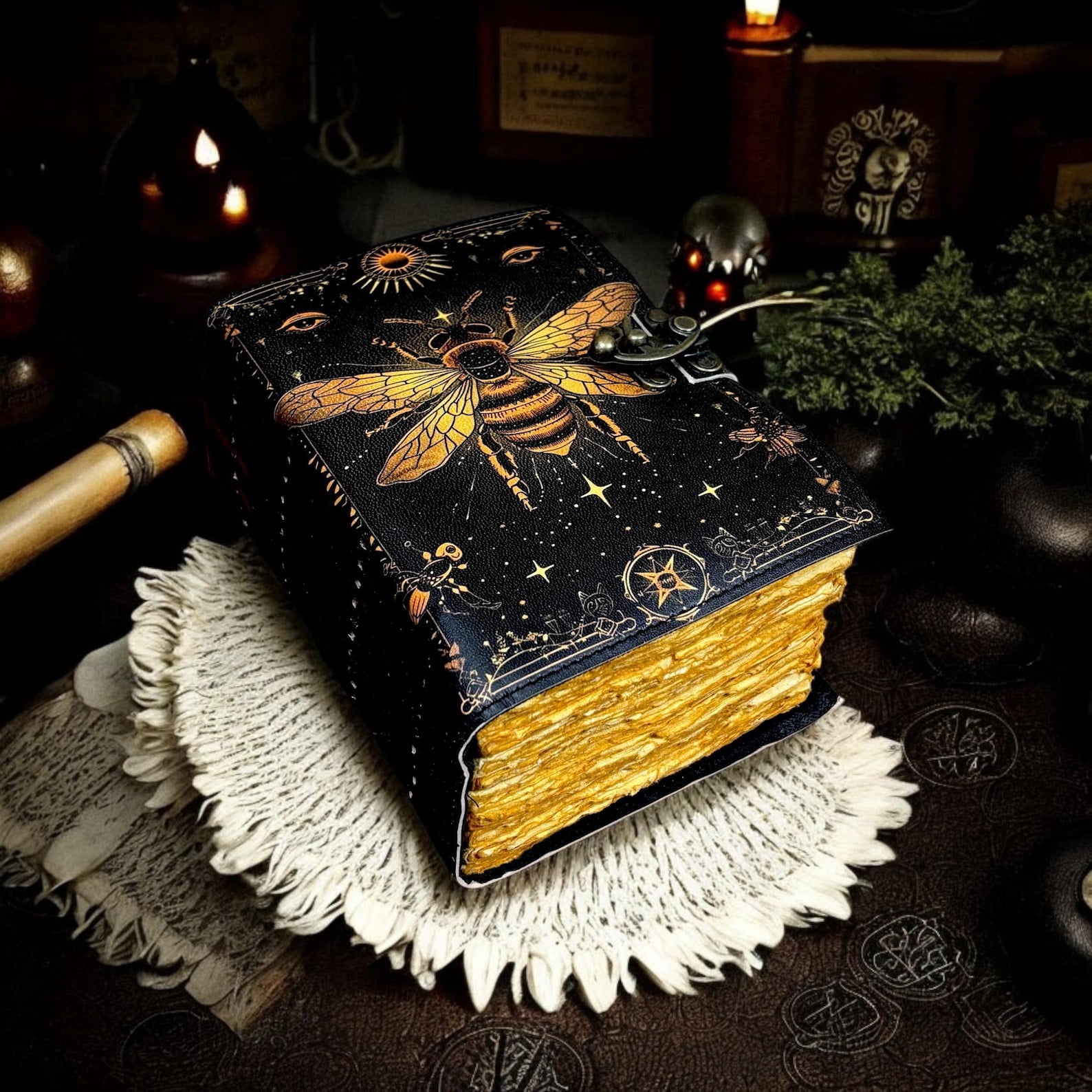 Mystical Bee Leather Journal Celestial Spell Book, 200 Page Notebook