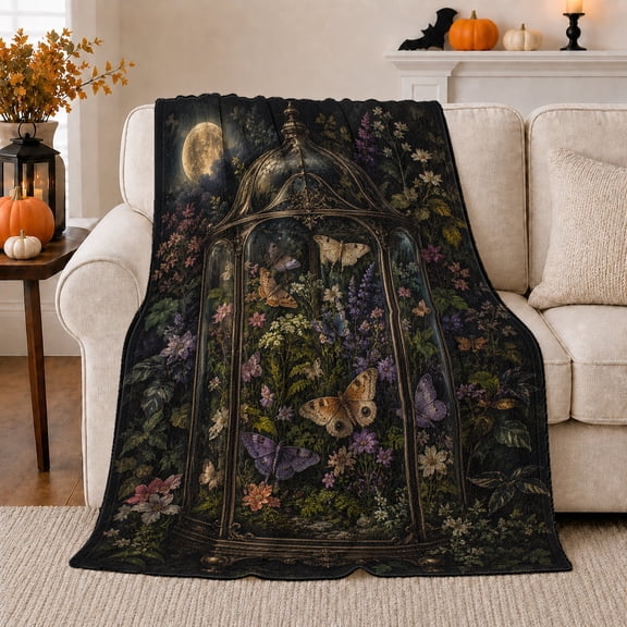 Mystical Bell Jar Moths Blooms Moonlit Night decorative motif, Cozy Friendship Quote Scene, Warm Flannel Blanket for Living Room and Reading Nook, Art Lovers Friendship Gift, Artistic Home Decor