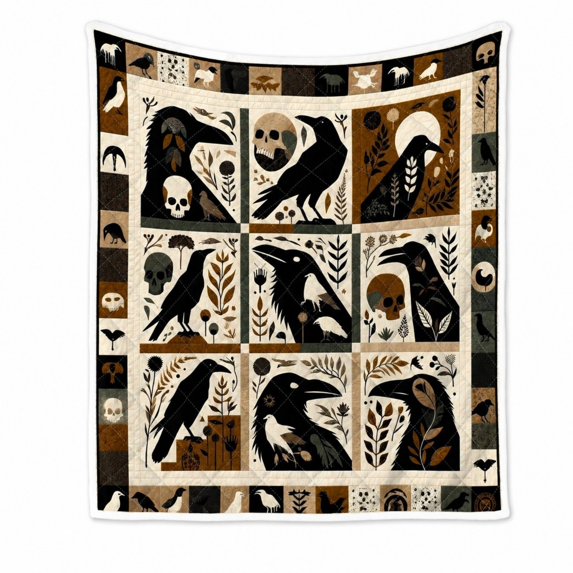 Mystical Black Bird Patchwork Throw Blanket Soft Flannel Plush Bed Couch Decor With Geometric Raven Pattern 39.4x59.1 Inch