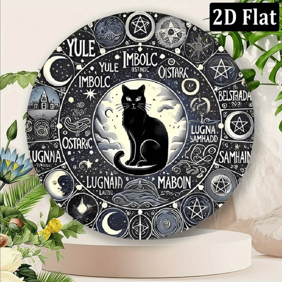 Mystical Black Cat Aluminum Wall Art - Witchcraft & Magic Themed Decor with Astrological Symbols, Perfect for Home, Garden, or Halloween Celebrations, Cat Decor 8*8inch