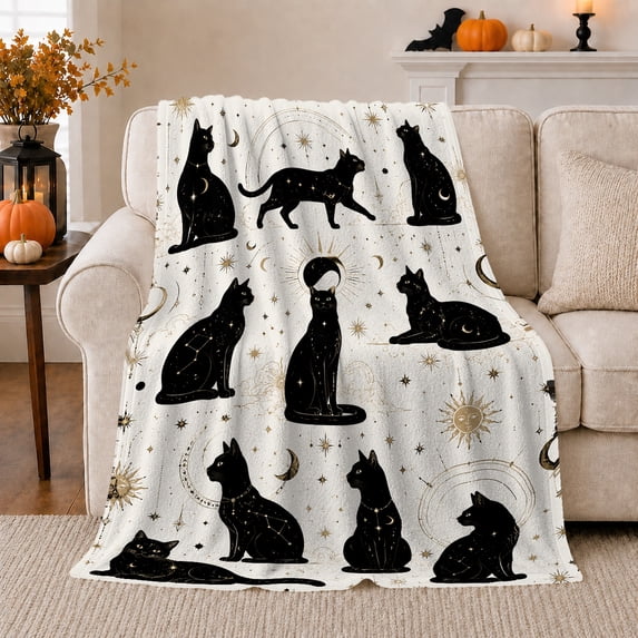 Mystical Black Cat Celestial Moon Halloween, Playful Pet Portrait Pattern, Warm Flannel Blanket for Living Room and Bedroom, Cat Lovers Thanksgiving Gift, Pet Lover Home Decor