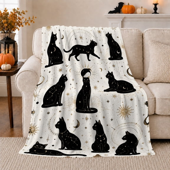 Mystical Black Cat Celestial Moon Halloween, Playful Pet Portrait Pattern, Warm Flannel Blanket for Living Room and Bedroom, Cat Lovers Thanksgiving Gift, Pet Lover Home Decor