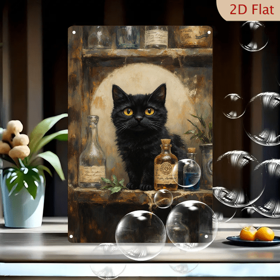 Mystical Black Cat Guardian in Rustic Apothecary, Vintage Glass Bottles & Moonlight Halo, 8x12 Inch Metal Wall Art for Home Decor, Fantasy Alchemy Scene