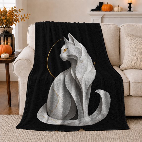 Mystical Black Cat Pumpkin autumn celebration, Mystical Pet Portrait Pattern, Warm Flannel Blanket for Living Room and Bedroom, Cat Lovers autumn celebration Gift, Pet Lover Home Decor