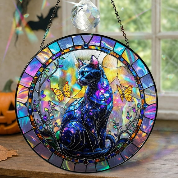 Mystical Black Cat Stained Glass Ornament – Gothic Halloween Window Decoration, Whimsical Cat Lover Christmas Gift