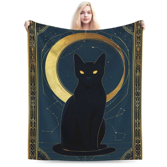 Mystical Black Cat Tarot Throw Blanket, Gold Moon & Stars Design, Witchy Aesthetic Home Decor 50x40