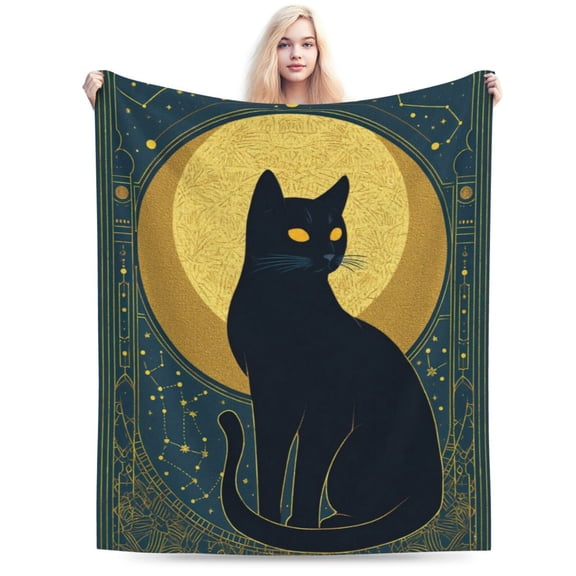 Mystical Black Cat Tarot Throw Blanket, Gold Moon & Stars Design, Witchy Aesthetic Home Decor 50x40