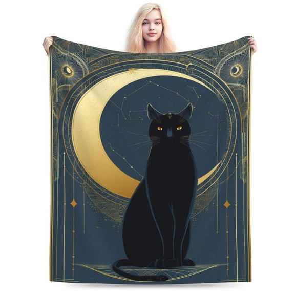 Mystical Black Cat Tarot Throw Blanket, Gold Moon & Stars Design, Witchy Aesthetic Home Decor 80x60