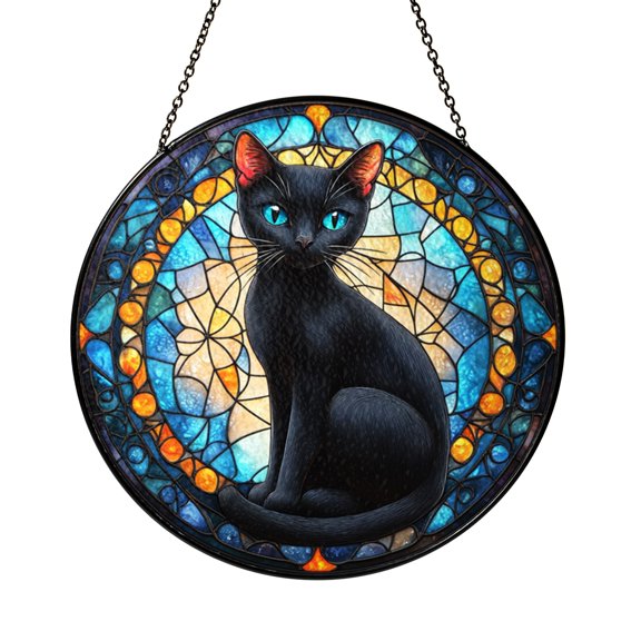 Mystical Black Cat with Mandala Patterns Stained Glass Suncatcher Spiritual Window Hanging Sacred Geometry Inspired Cat Decor