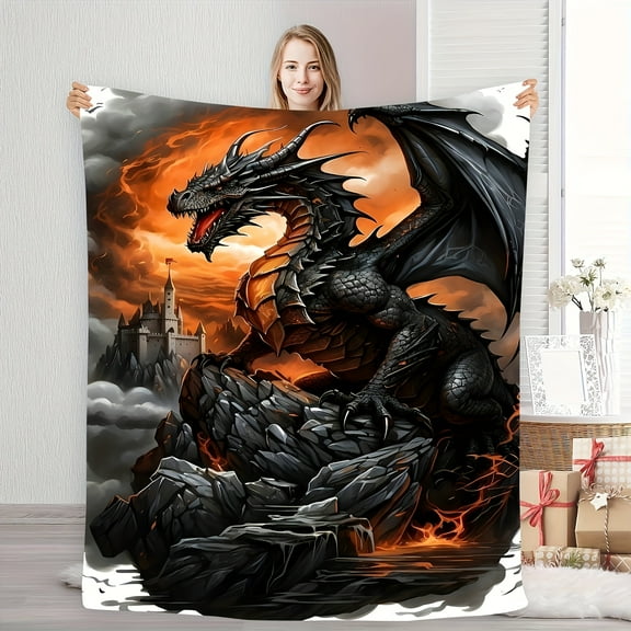 Mystical Black Dragon Fantasy Flannel Throw Blanket – Cozy, Tear-Resistant, All-Season Comfort with Epic Dragon & Castle Design, Perfect for Home Decor or Gift, Dragon Decor