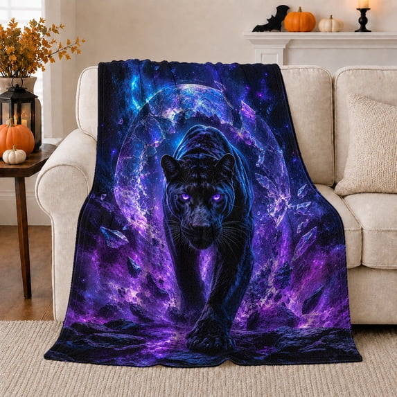 Mystical Black Panther Cosmic Space, Mystical Celestial Art Scene, Warm Flannel Blanket for Cabin and Lodge, Wildlife Lovers Housewarming Gift, Fantasy Home Decor
