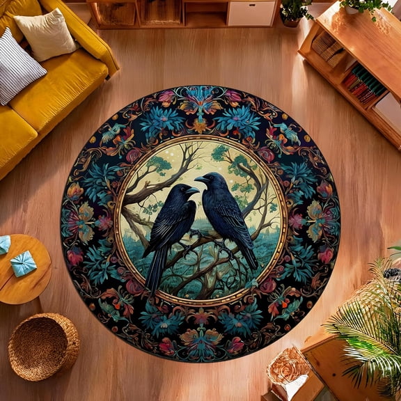 Mystical Black Raven Round Rug, Gothic Corvid Circle Carpet for Bedroom or Office, Soft Washable Non-Slip Area Rug, Celestial Witchy Home Decor