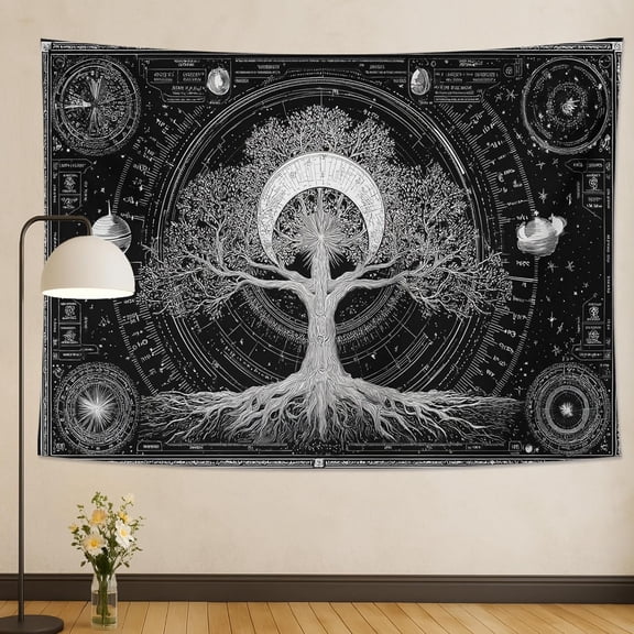 Mystical Black Tree of Life Tapestry, Celestial Moon Astrology Wall Hanging for Bedroom, Bohemian Home Decor Seasonal Art 30x40 Inch