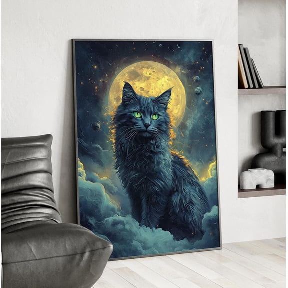 Mystical Blue Cat Moon Wall Art, Dark Academia Whimsigoth Decor, Unframed Canvas Size 16x24