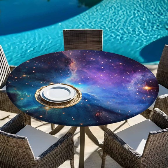 Mystical Blue Purple Starry Sky Round Fitted Tablecloth with Elastic Edge,Waterproof Table Cloth Fits Tables Up to 45"-54",Wipeable Table Cover for Indoor Outdoor Dinning Party,Galaxy Digital Design