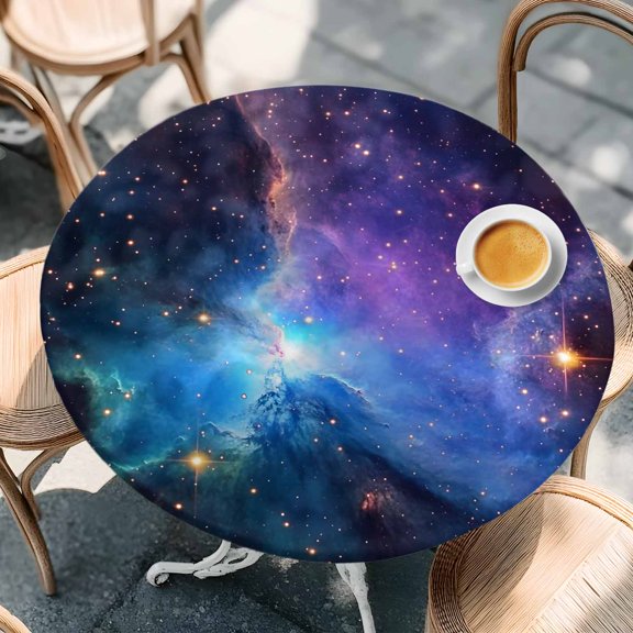 Mystical Blue Purple Starry Sky Round Fitted Tablecloth with Elastic Edge,Waterproof Table Cloth Fits Tables Up to 55"-60",Wipeable Table Cover for Indoor Outdoor Dinning Party,Galaxy Digital Design