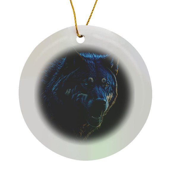 3drose, Mystical Blue Wolf Against the Black Background Digital Art Gift, Circle Porcelain Ornament