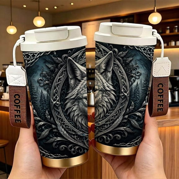 Mystical BlueEyed Wolf with Celtic Forest Pattern Stainless Steel Insulated Coffee Cup with Double Drink Design, Portable Travel Tumbler with COFFEE Wrist Strap, Reusable Thermal Mug