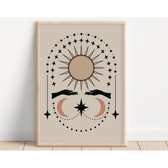Mystical Boho Sun And Moon Print - Celestial Spiritual Sun, Crescent Moon Female Hands, Bohemian Hippie Poster, Earthy Beige, Stars Abstract Wall Art, Modern Wall Decor, 16x24 UNFRAMED