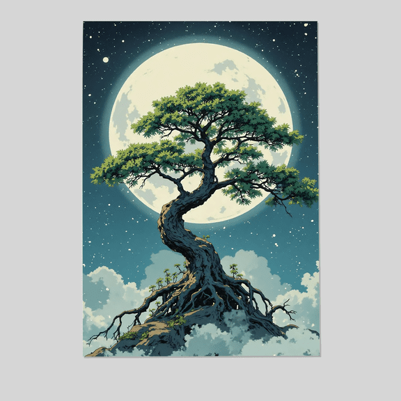Mystical Bonsai Tree Art Print | Fantasy Moon & Clouds | Japanese Zen Wall Decor | Dreamy Night Sky Poster Full Size 24''x36'' The Golden Shop