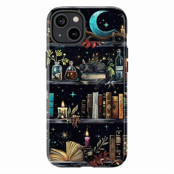 Mystical Bookshelf Phone Case for iPhone 16 15 14 13 12 11 Pro Max, Mini & Plus – Magical Cat, Moon & Candle Aesthetic Phone Cover