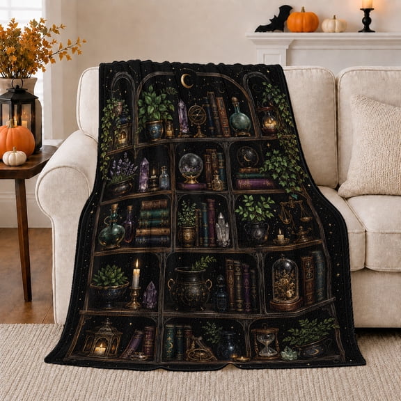 Mystical Bookshelf Potion Bottles Candles, Mystical Celestial Art Scene, Warm Flannel Blanket for Home Library and Reading Nook, Celestial Art Lovers Housewarming Gift, Fantasy Home Decor