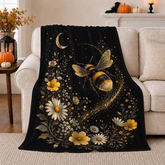 Mystical Bumblebee Wildflowers Night Sky, Peaceful Mountain Lake Scene, Warm Flannel Blanket for Cabin and Lodge, Outdoor Lovers autumn celebration Gift, Festive Home Decor