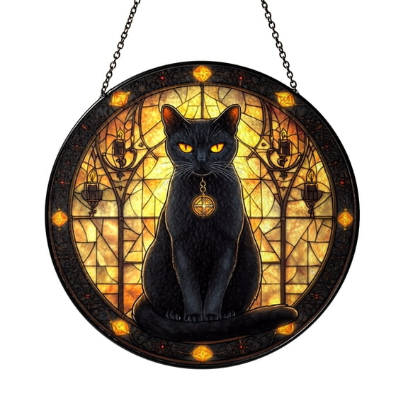 Mystical Candlelit Black Cat Stained Glass Suncatcher Gothic Window Hanging Dark Fantasy Inspired Cat Decor for Moody Home Spaces